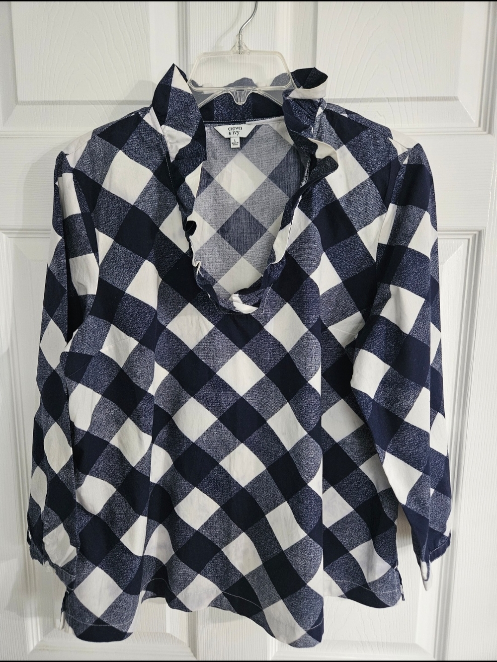Crown & Ivy Navy and White Plaid Ruffled V-Neck Blouse